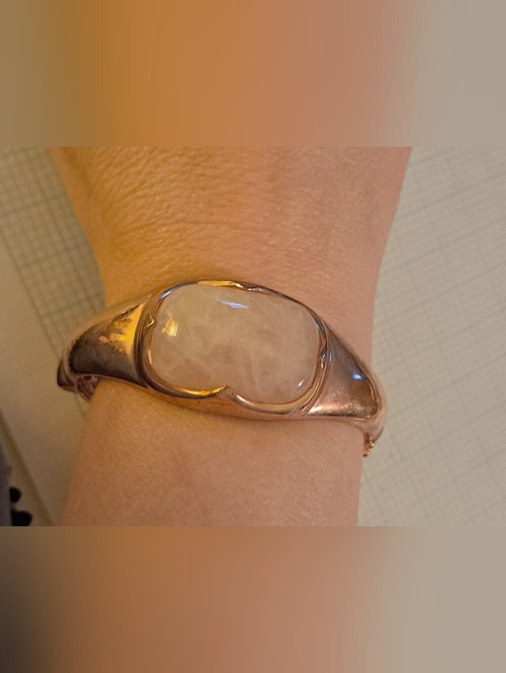 Milor Italy Bronze Rose Gold Hinged Bangle Bracelet with Rose Quartz Stone